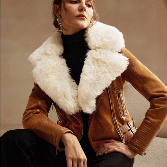 NWOT Women's Faux Leather Jacket with Faux Rabbit White Fur Collar - Picture 2 of 6